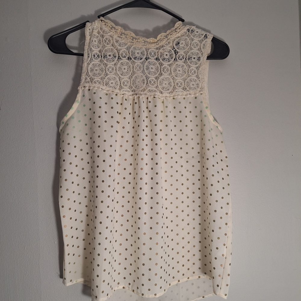 Monteau Cream Sleeveless Lace Yoke Top with Gold Polka Dots